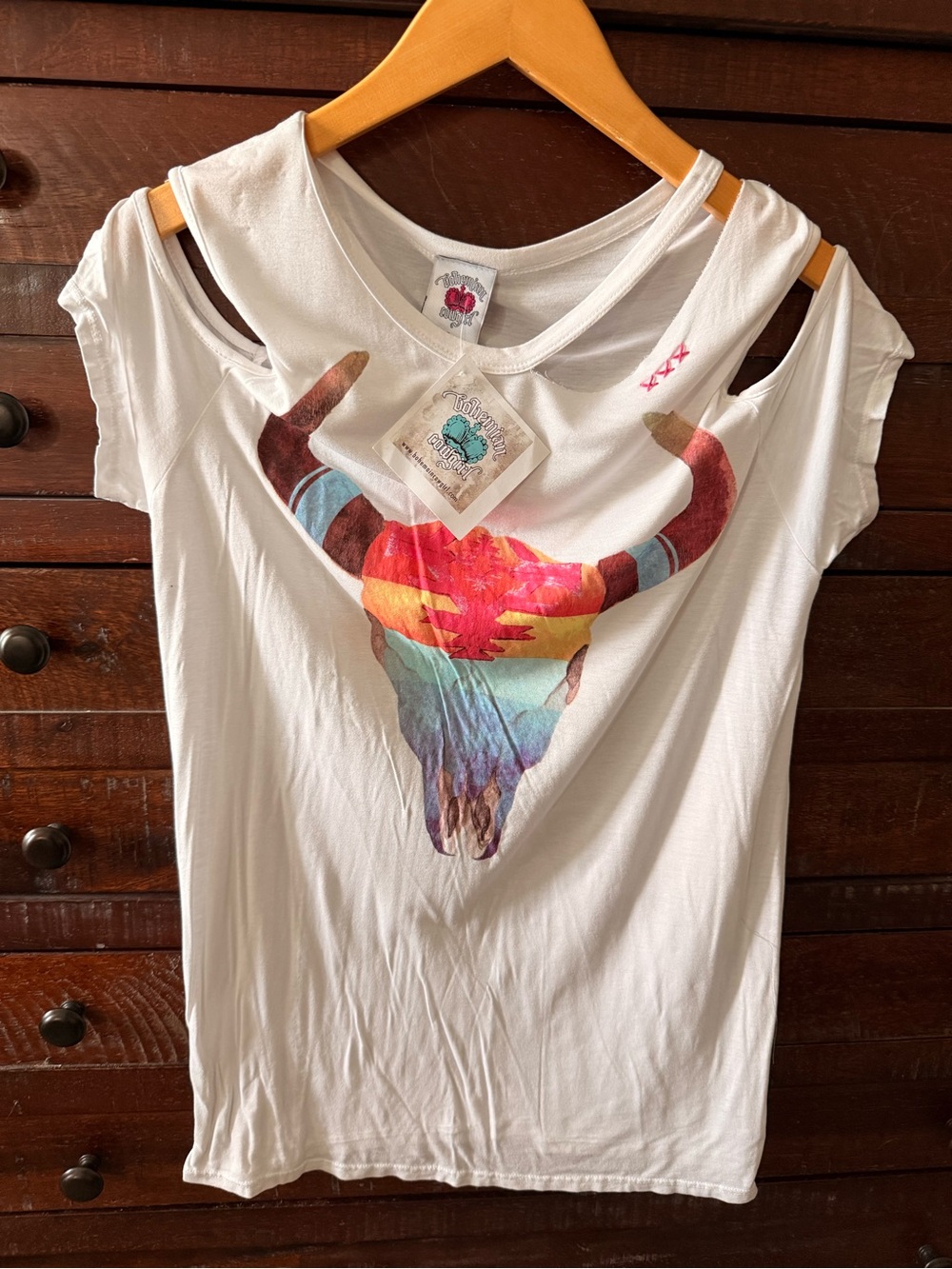 Bohemian Cowgirl Graphic Cold-Shoulder Women’s Top Aztec Steer Skull Print Y2K